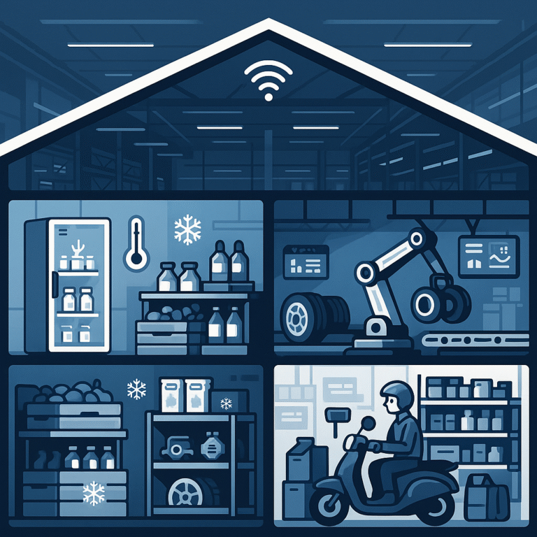 cartoon style vector illustration split into 4 industry zones under one smart warehouse roof pharm ne404vr3i0hqtr2z6lul 1